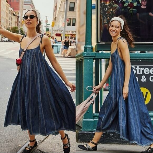 Free People Denim Dreams Midi Maxi Dress in 70s Blue Size Medium Jean Jumper - Picture 8 of 14